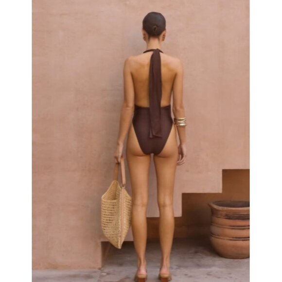 SAME Los Angeles One Piece Swimsuit Brown Halter High Cut Cheeky NWT Size S - Picture 2 of 6